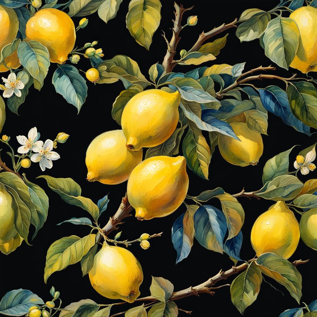 Lemon Tree Watercolor Painting on Black Background