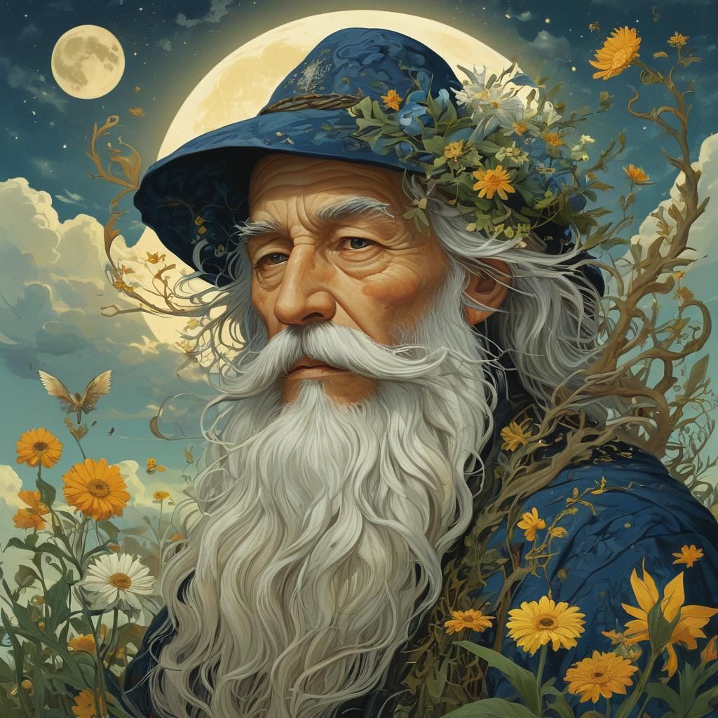 Surreal Wizard with Sunflower, in Victo Ngai Style