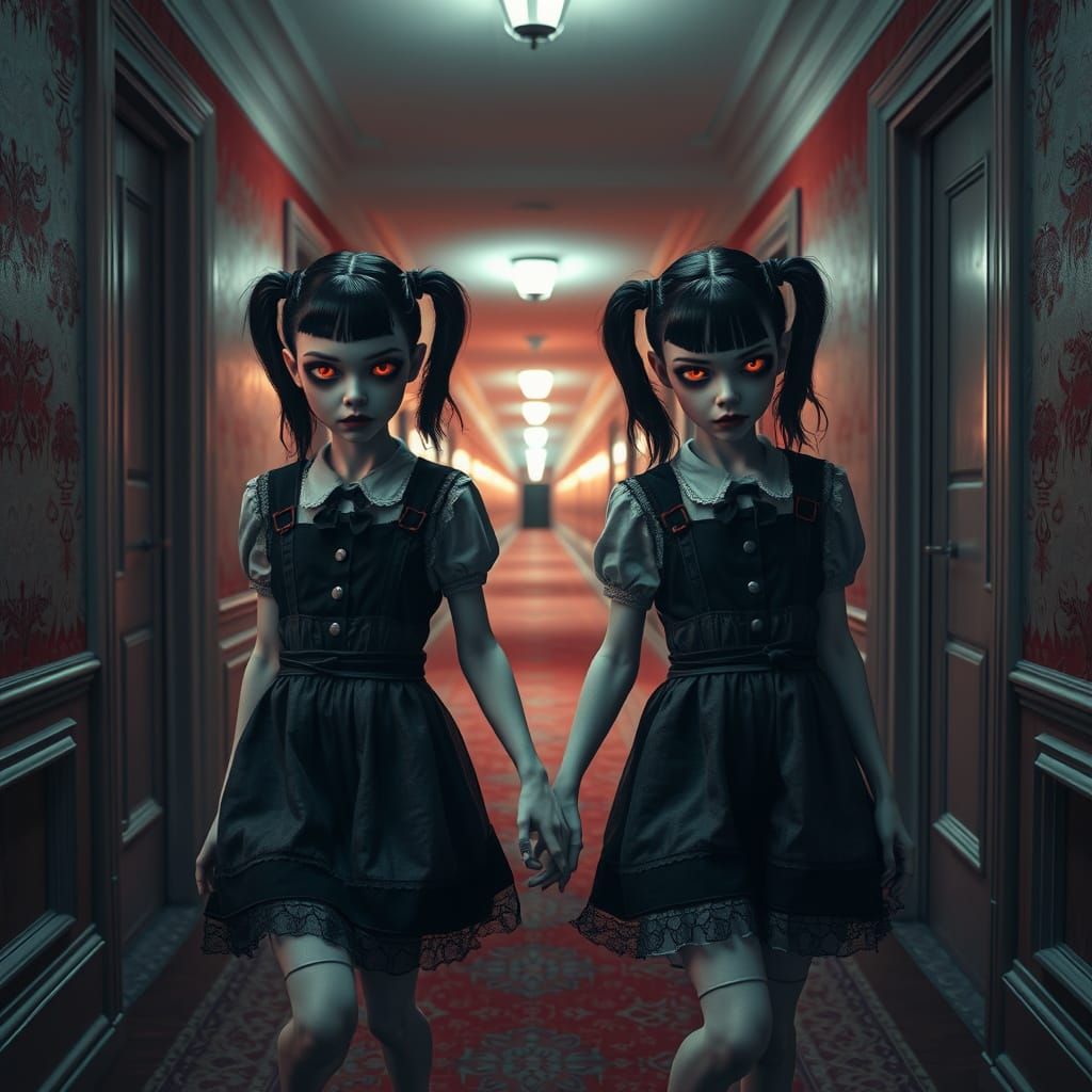 Sisters Walk Down a Haunting Hotel Corridor in a Dark, Surre...
