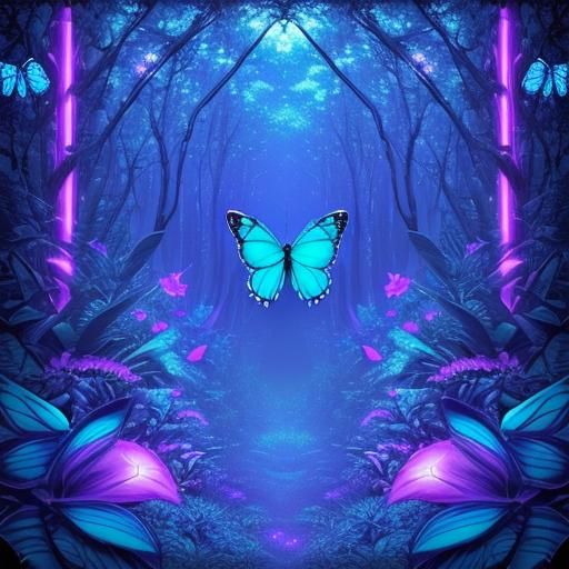 Blue Butterflies in Enchanted Synthwave Forest