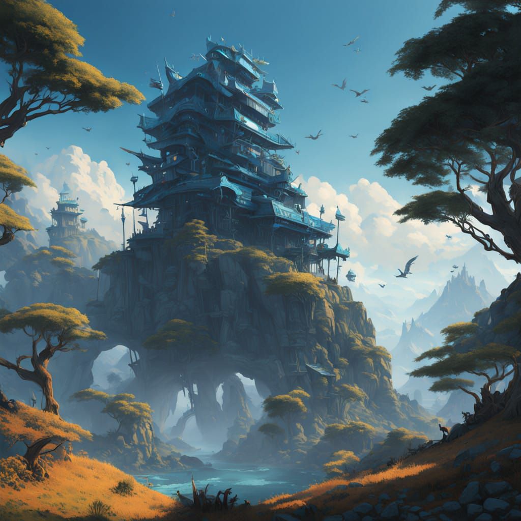 Vibrant Blue Macaws in Azure Mountain Landscape