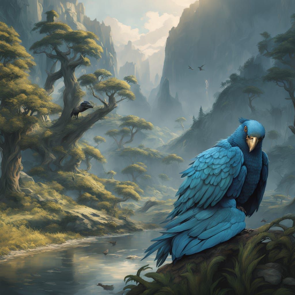 Vibrant Blue Macaws Soar in Enchanted Unreal Engine 5 Landsc...