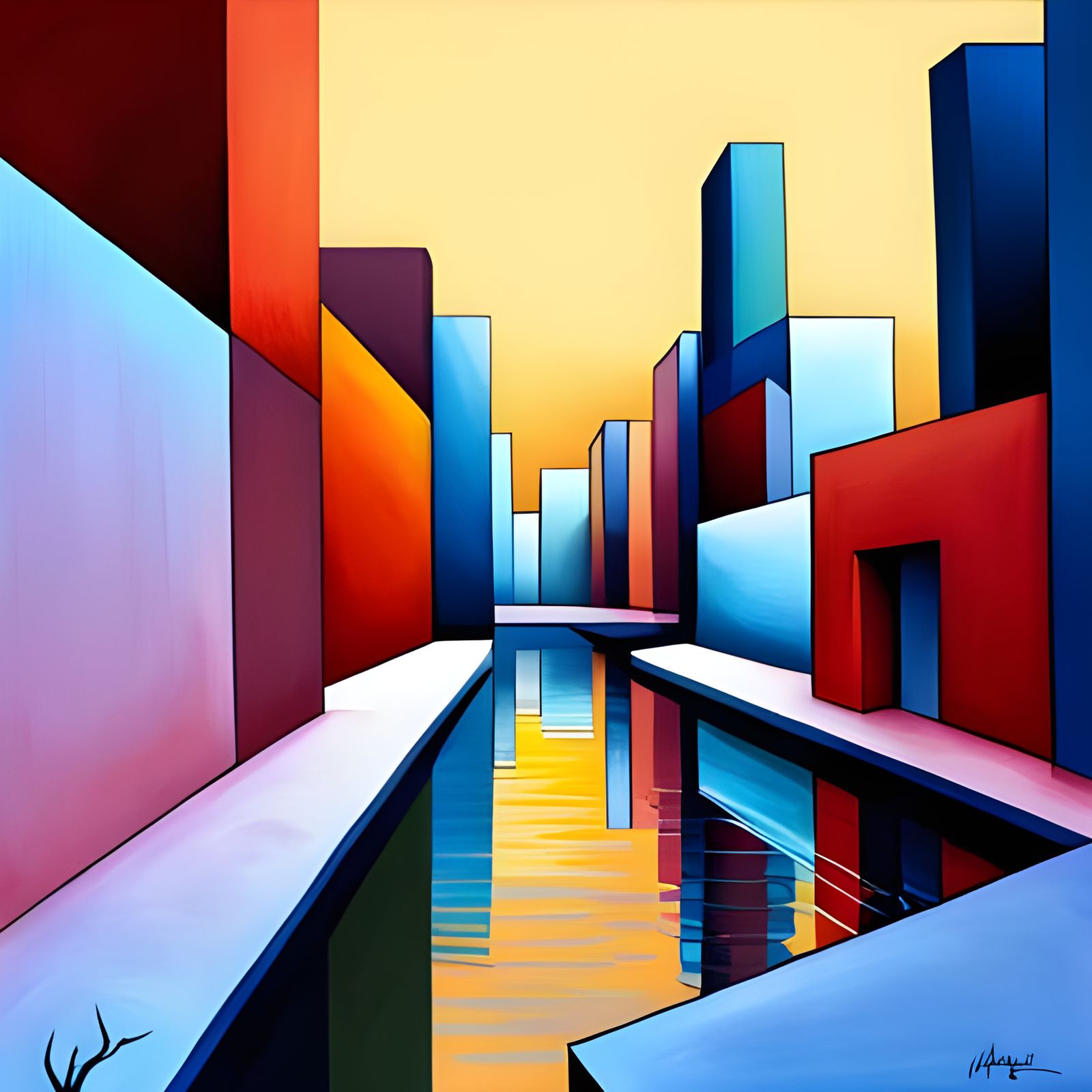 Abstract Cubist Cityscape in Geometric Fauvism Style