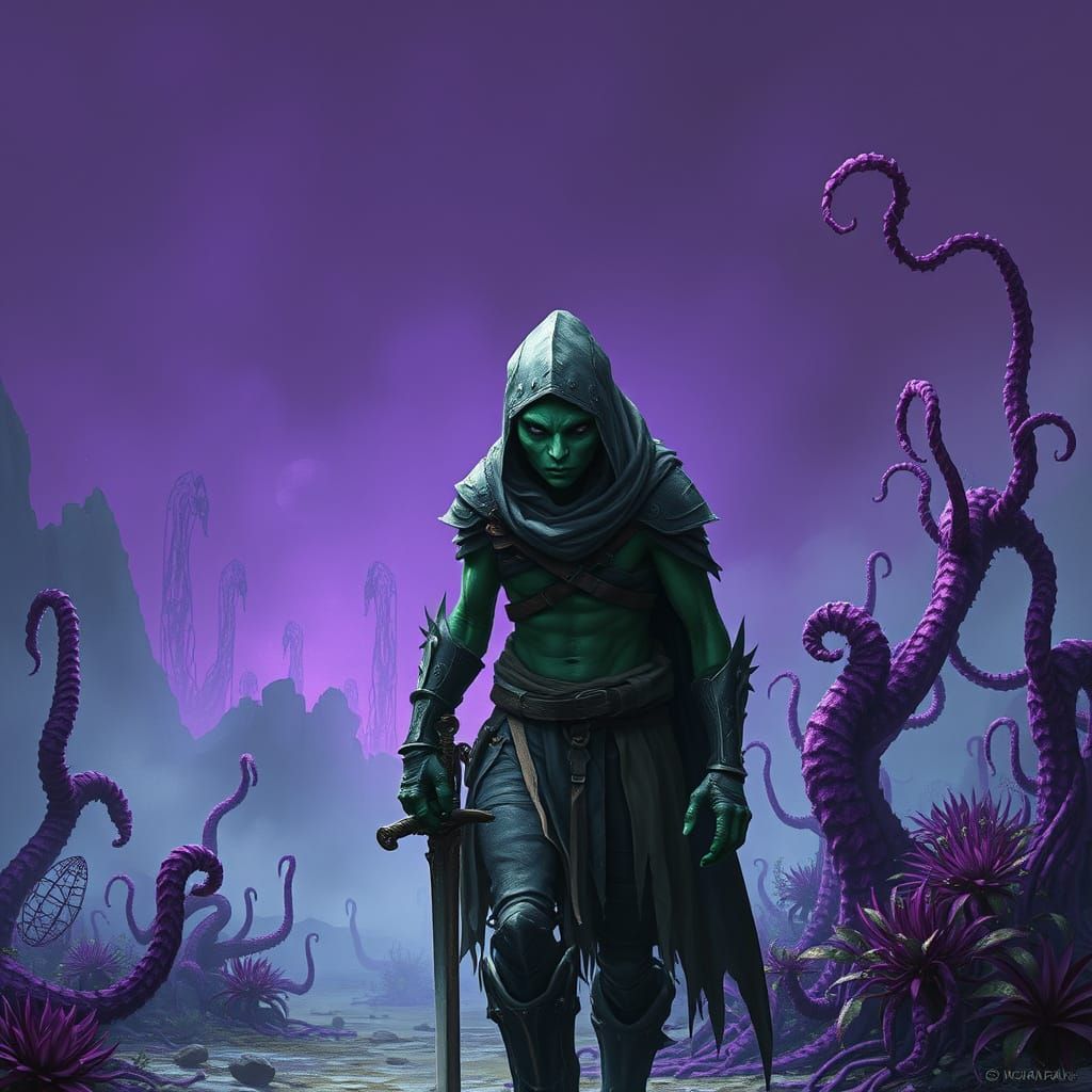 Purple Skied Alien Warrior in Tattered Armor, Sword at the R...