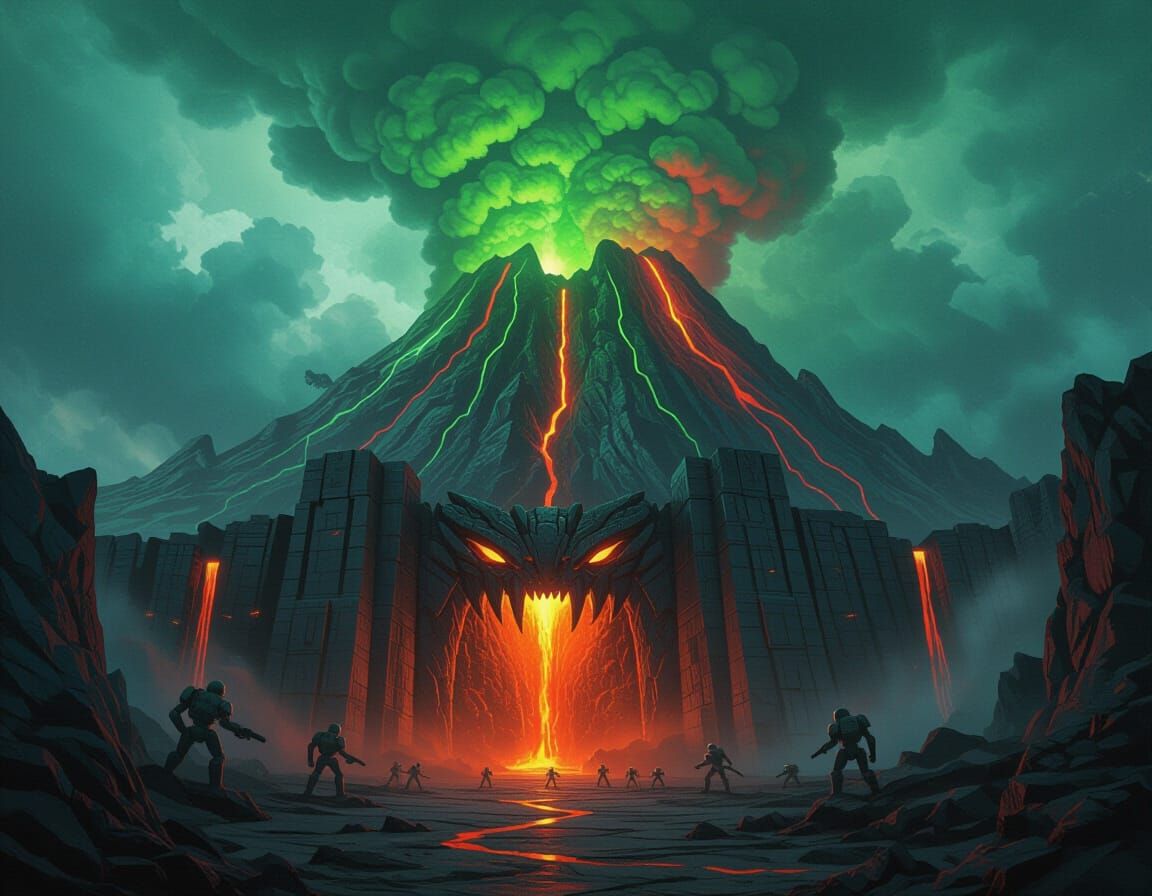 Volcanic Island Supervillain Fortress with Lava Rivers