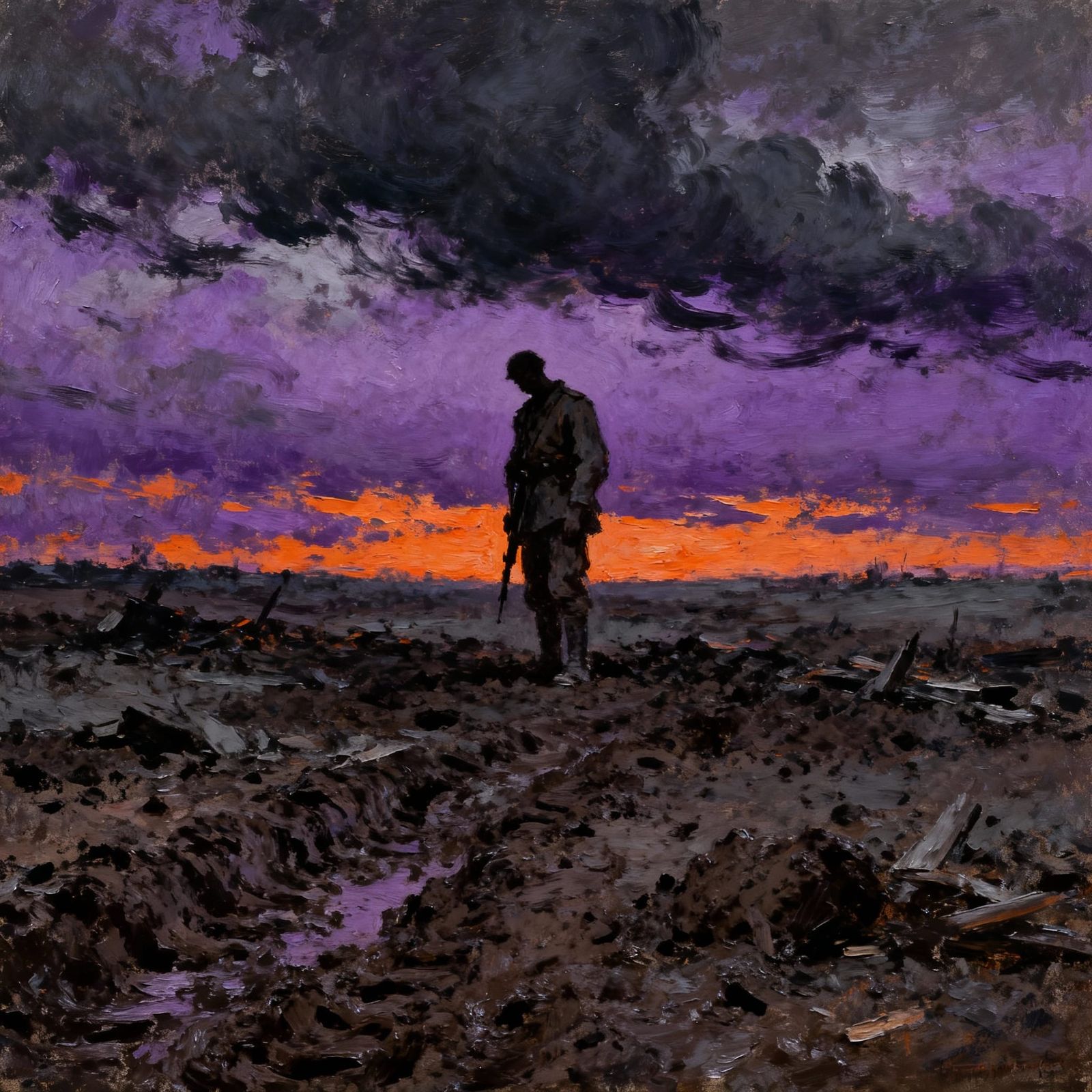 Lone Soldier on Twilight Battlefield, Expressive Brushstroke...