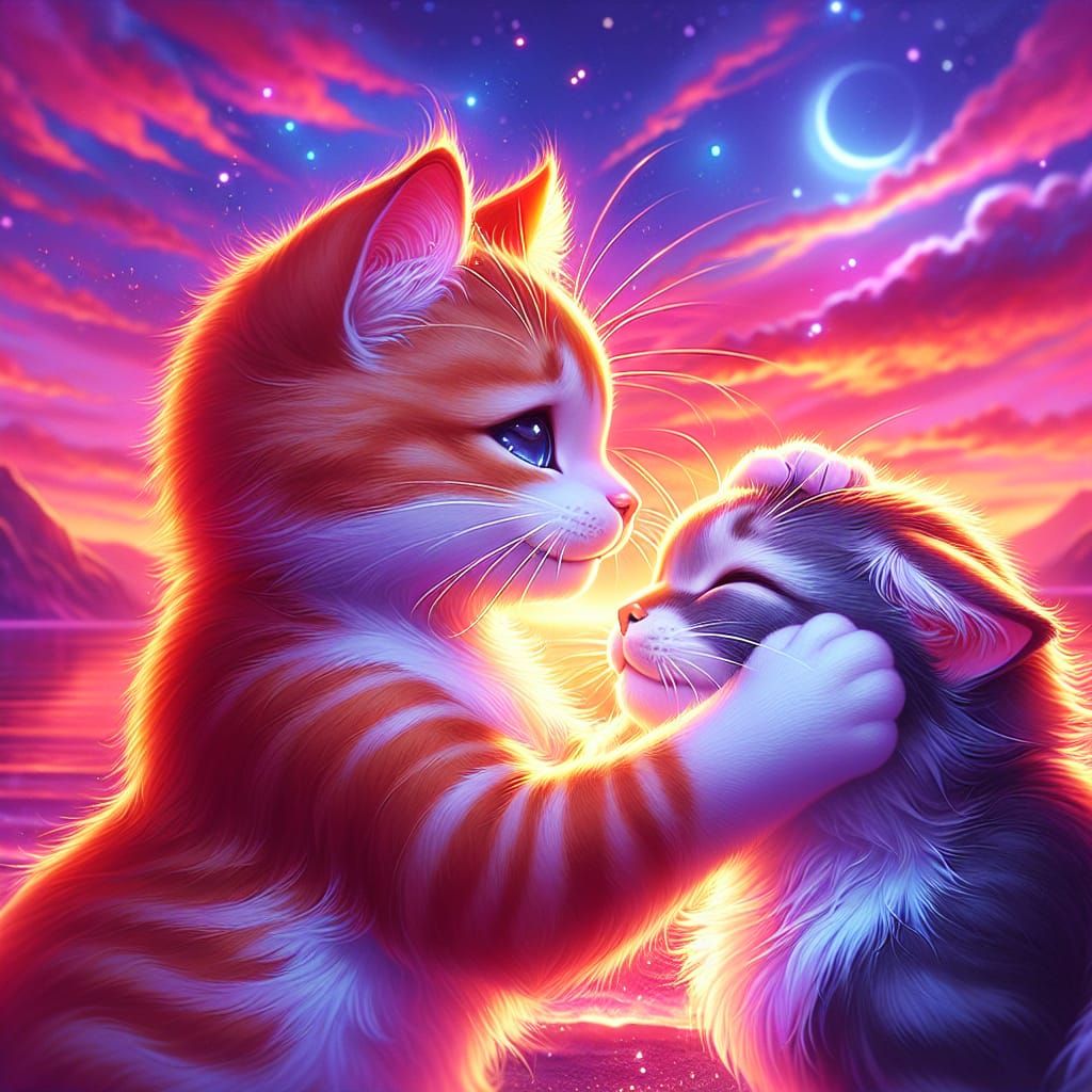 Affectionate Cats Under a Sunset Sky