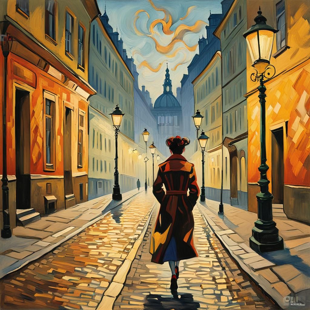 Woman Walking in Vienna: Impressionist Oil Painting
