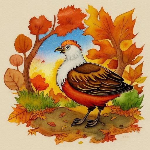 Beautiful autumn colored thanksgiving scene of the woods autumn sun twinkling in the trees with a cute cartoon turkey li...