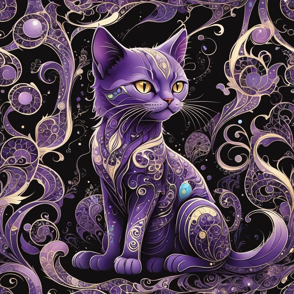 Bioluminescent Purple Cat in Art Nouveau Style