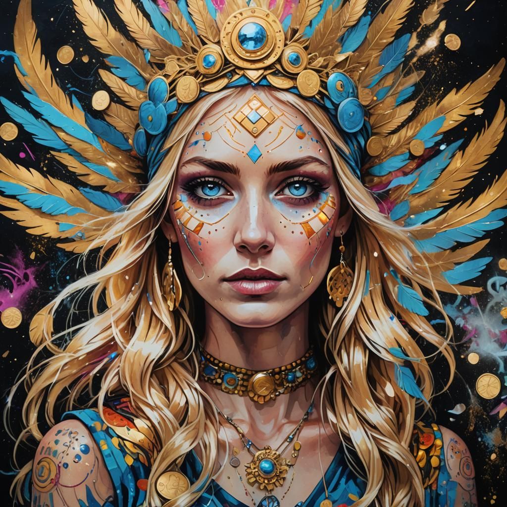 Blonde Tarot Reader in Vibrant Street Art Style