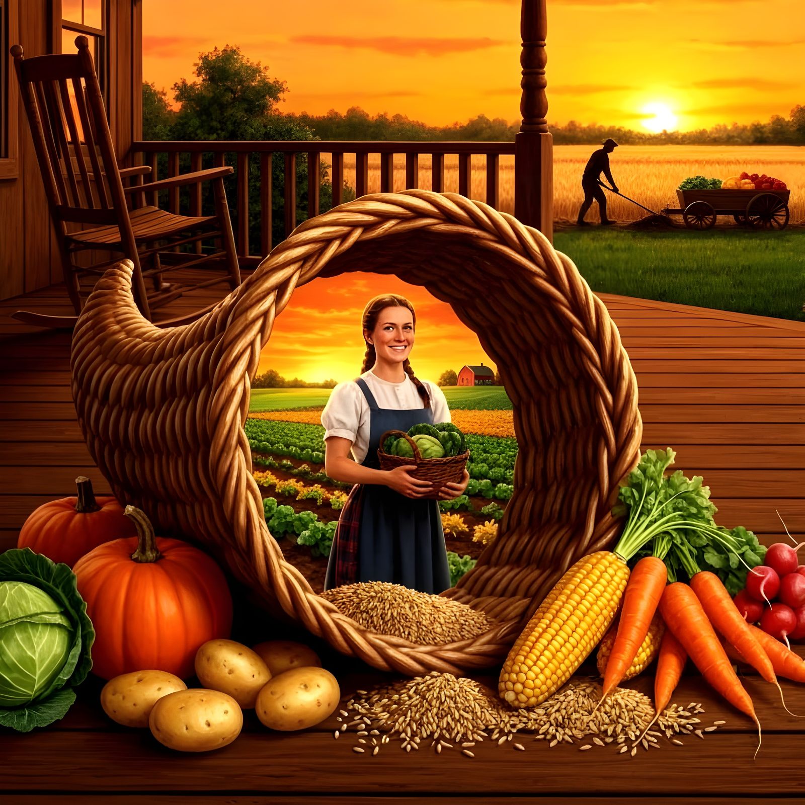 Cornucopia Overflowing with Harvest on Sunset Porch