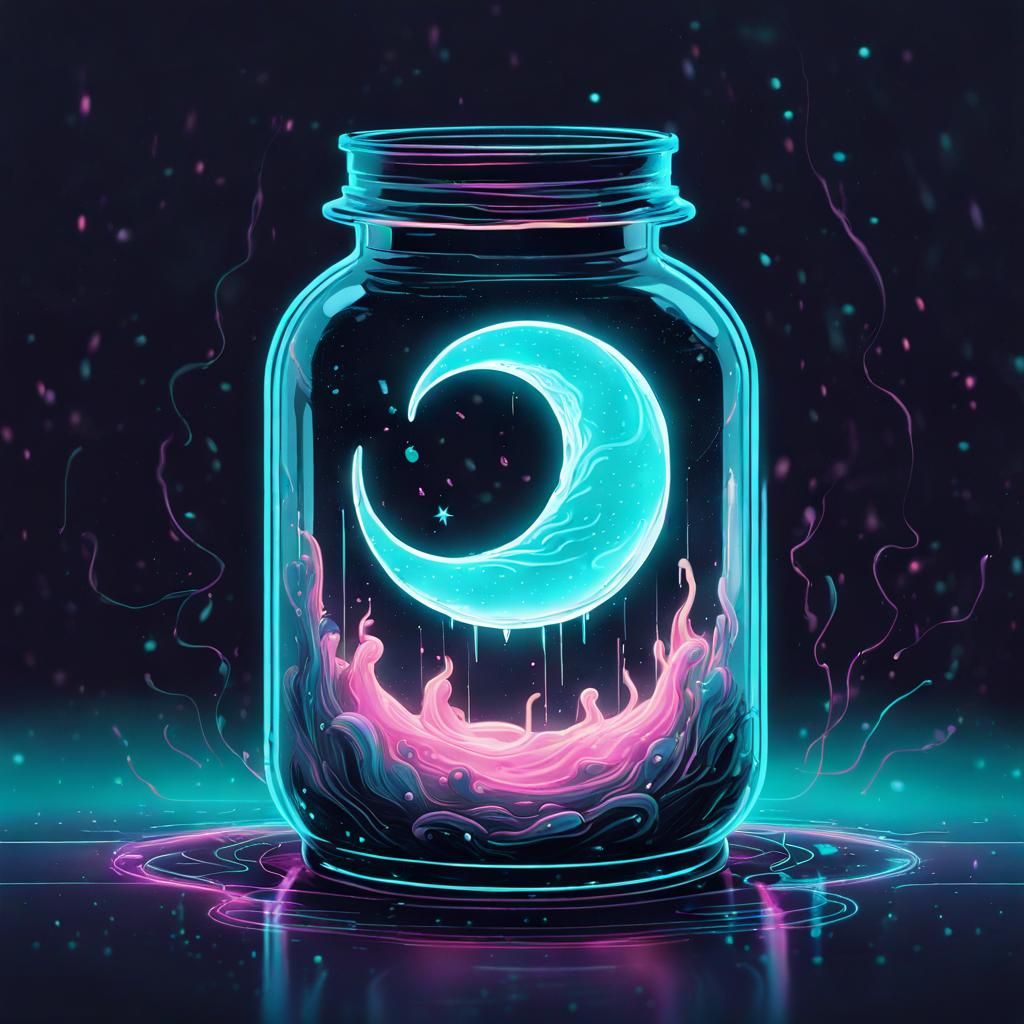 Cyan Neon Moon in Jar, Fantasy Art