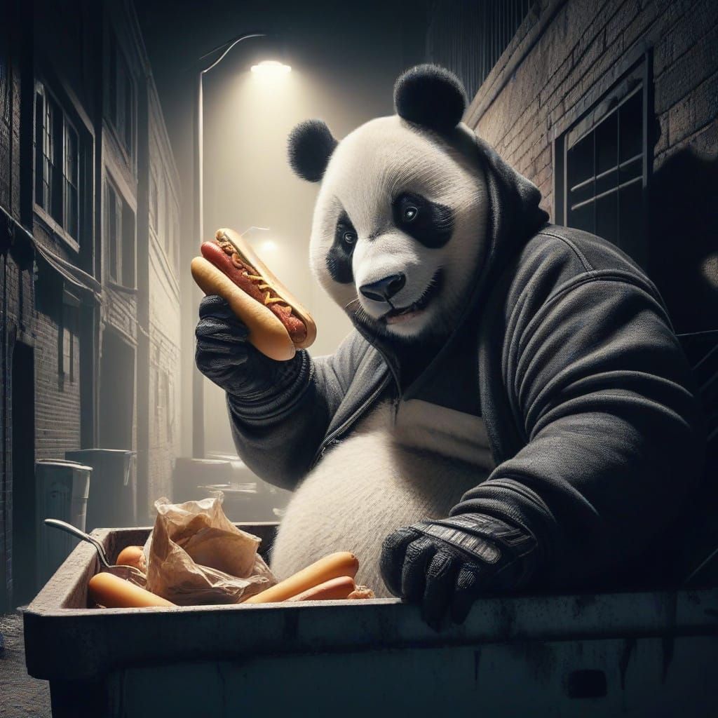 Obese Panda Bandit in Grimy Alleyway, Hyperrealist Style