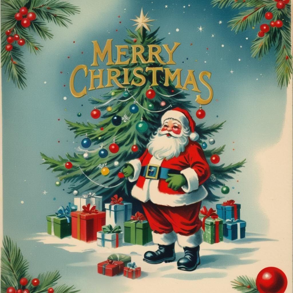 Vintage Whimsical Santa Christmas Scene