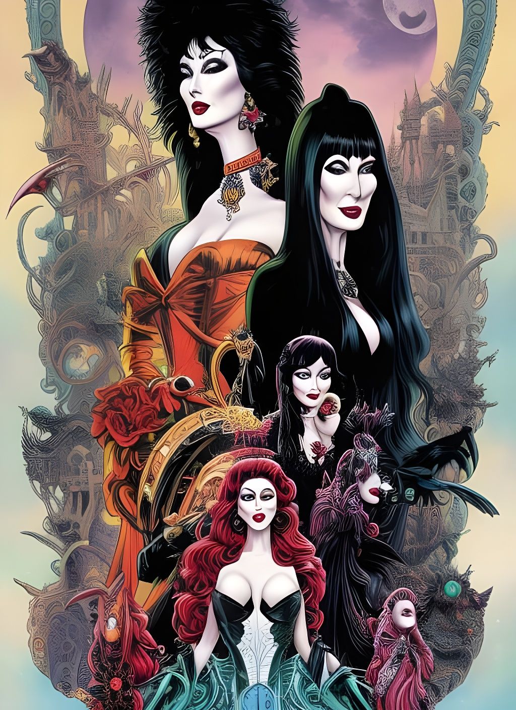 Elvira and Morticia: Hyper-Detailed Watercolor Masterpiece