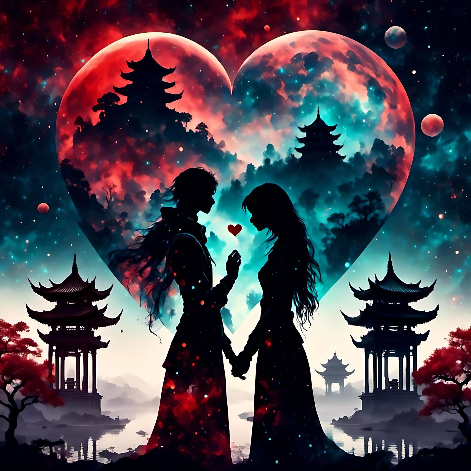 Romantic Couple Exchange Heart Under Cosmic Sky
