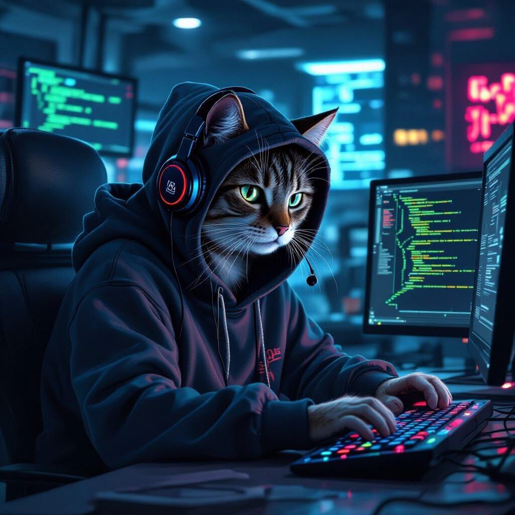 Cyberpunk Cat Hacker at the Bank