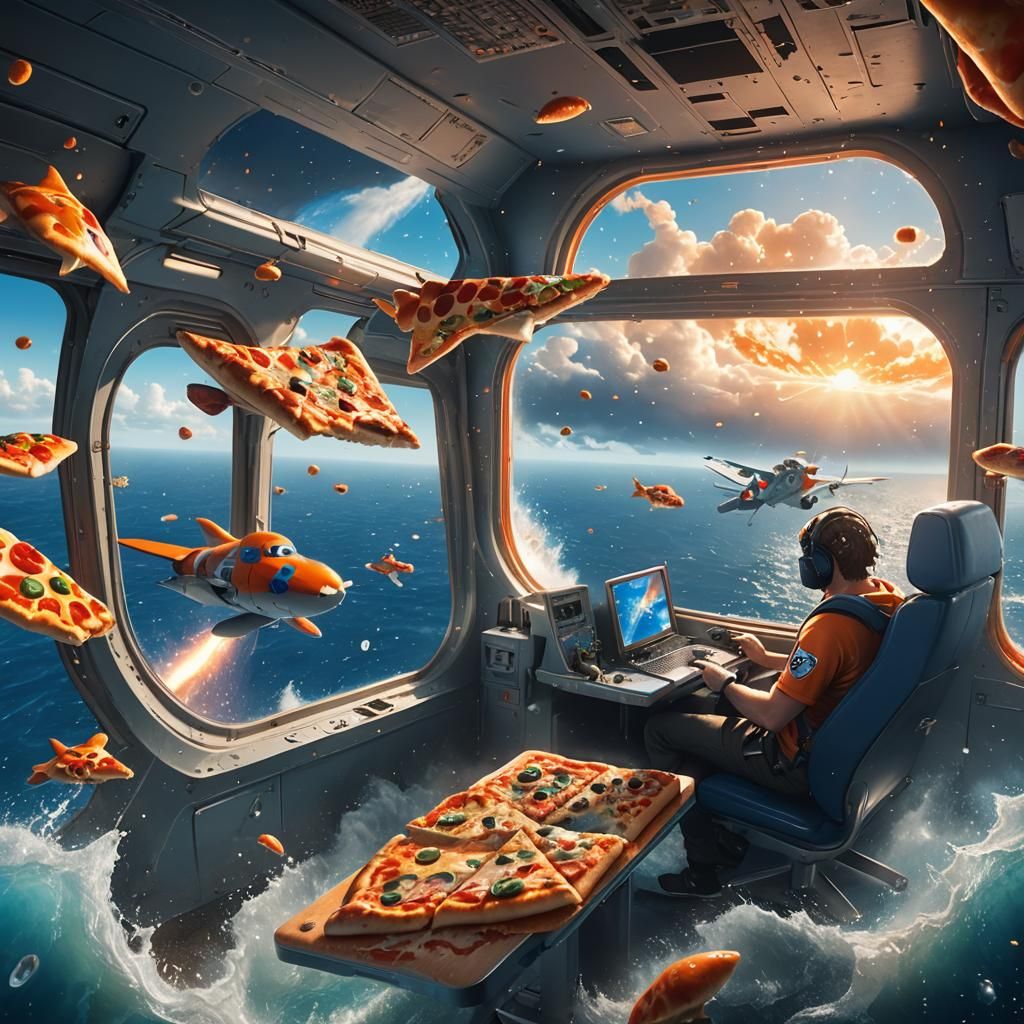 Man Eats Pizza as Plane Dives, Matte Painting