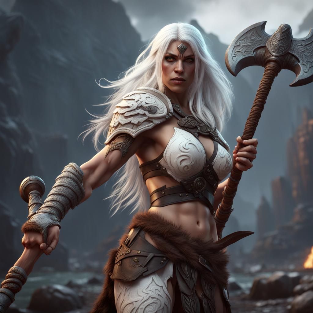 Female Aasimar Barbarian with Great Axe: Fantasy Art