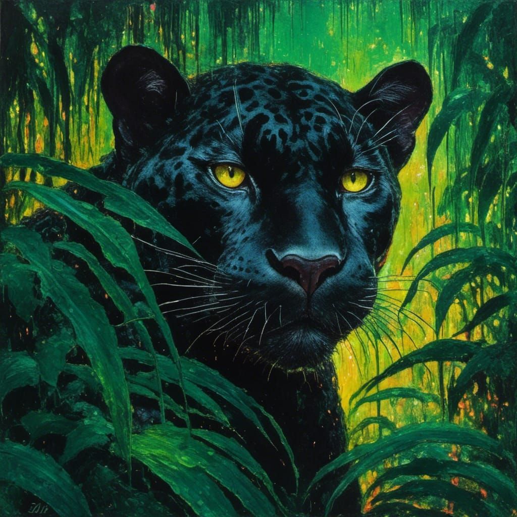 Black Jaguar Portrait in Fauvist Oil Painting Style
