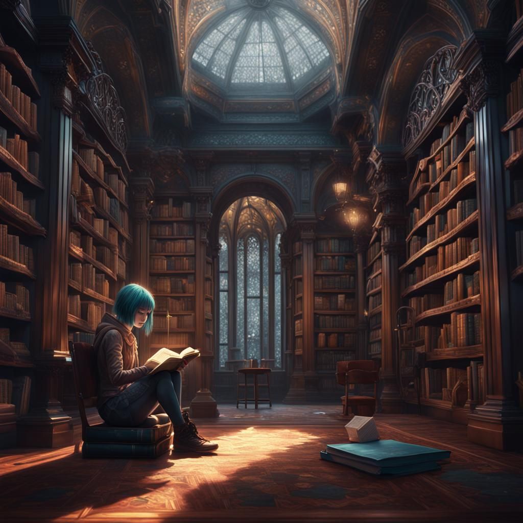 Emo Girl Reading: Detailed Fantasy Concept Art