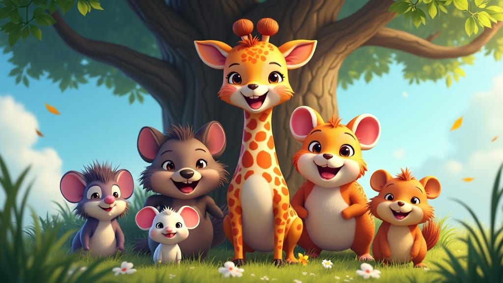 Joyful Cartoon Animals Gather Under a Majestic Tree in a Vib...