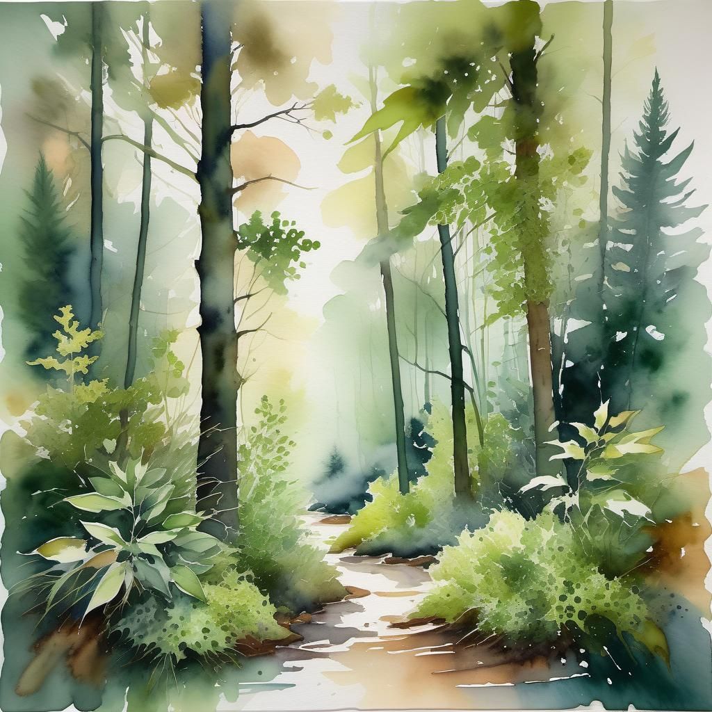 Expressive watercolor painting with loose brushstrokes and earthy tones of the forest foliage in shades of moss and the ...