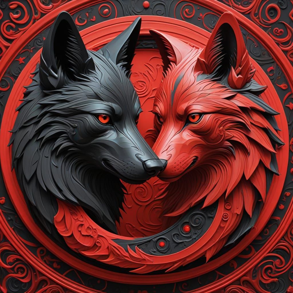 Surreal Yin Yang Wolves in Vibrant Complementary Colors