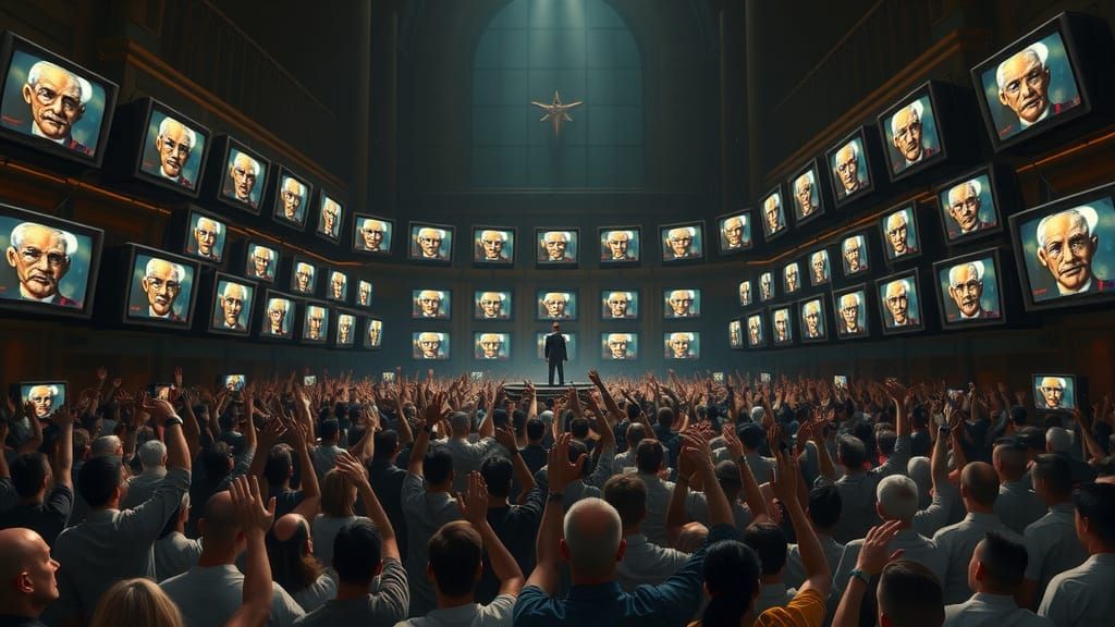 Rebels and Brainwashed Followers Raise Hands in a Futuristic...