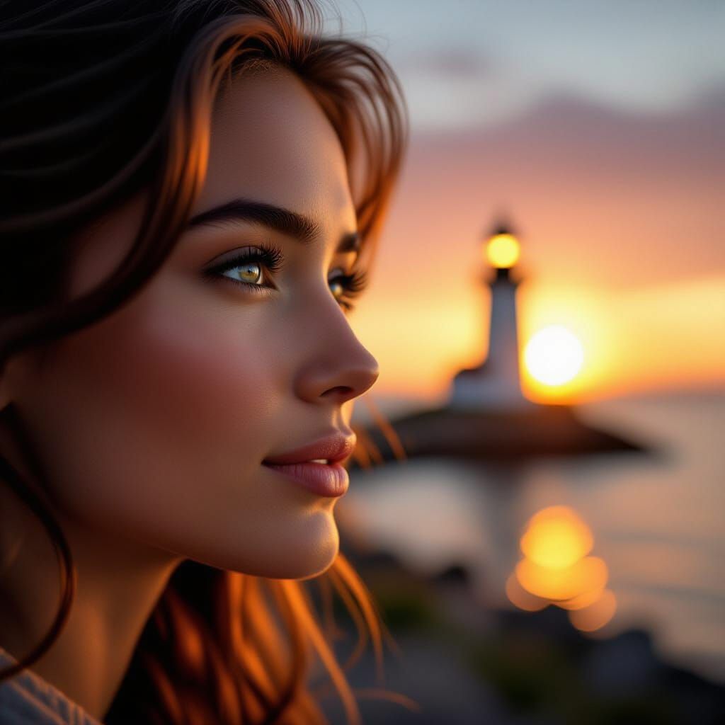 Serene Woman Gazes at Lighthouse at Golden Hour