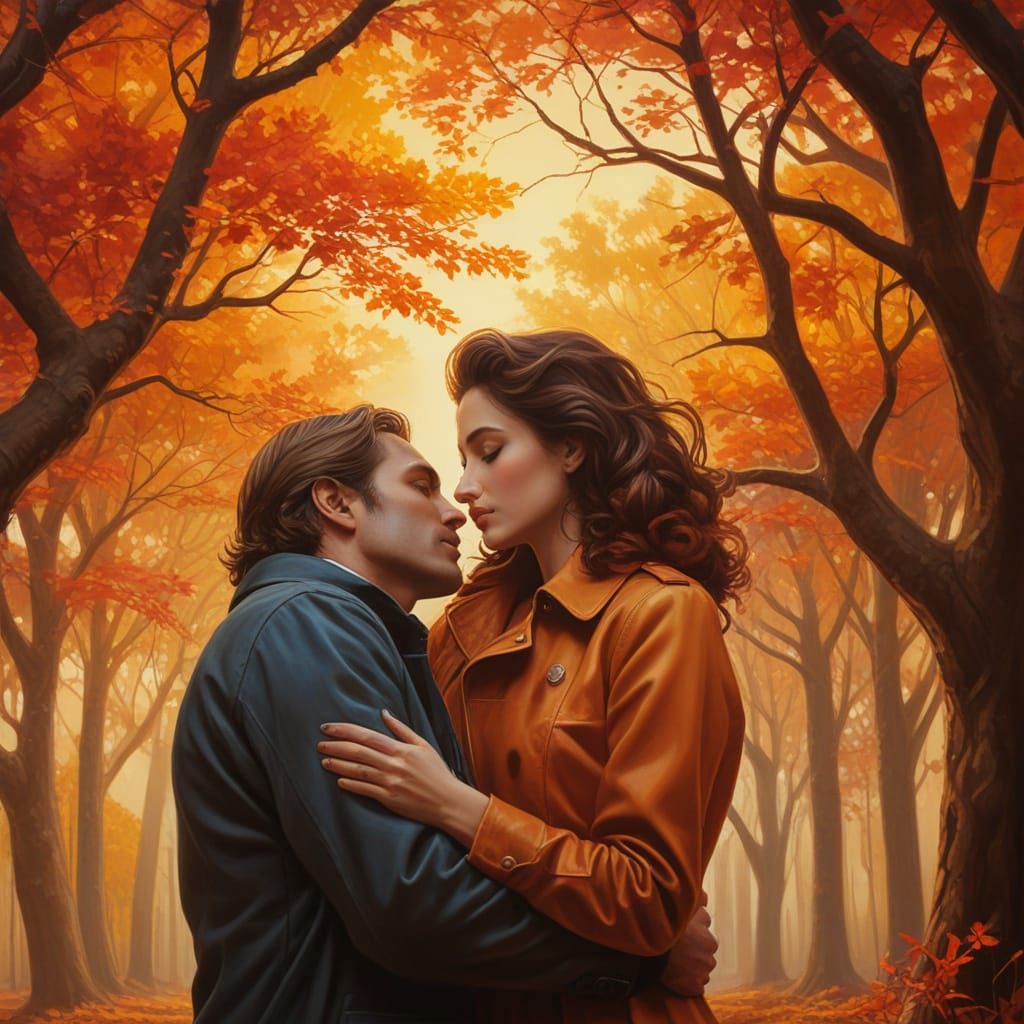 Romantic Couple Embrace Under Autumn Trees as Oil Painting