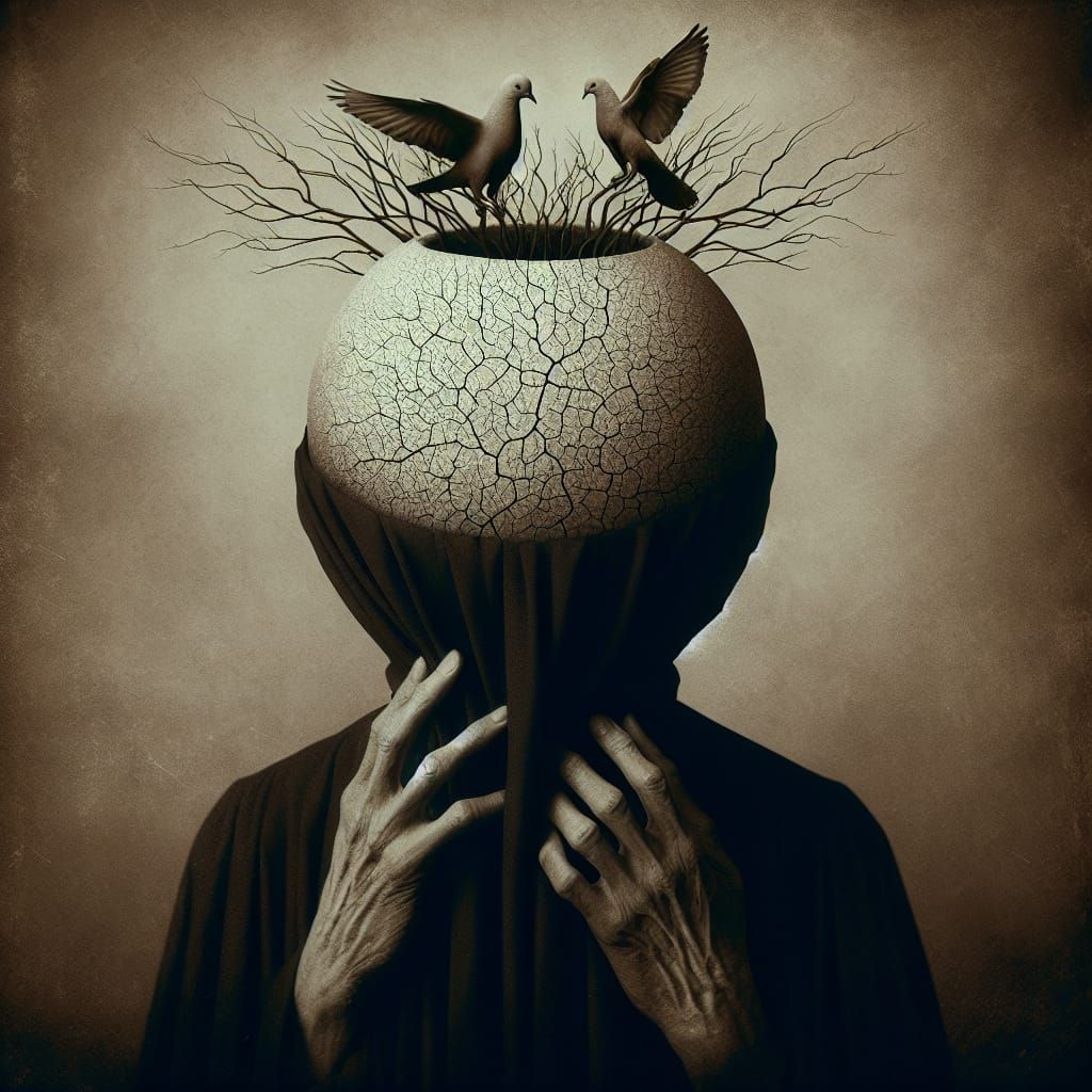 Surreal Cracked Skull Figure with Doves