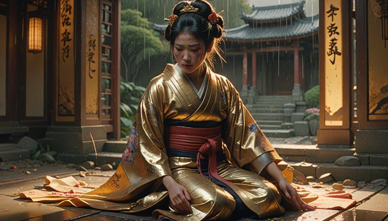 Geisha in Ruined Temple: An Art Nouveau Vision