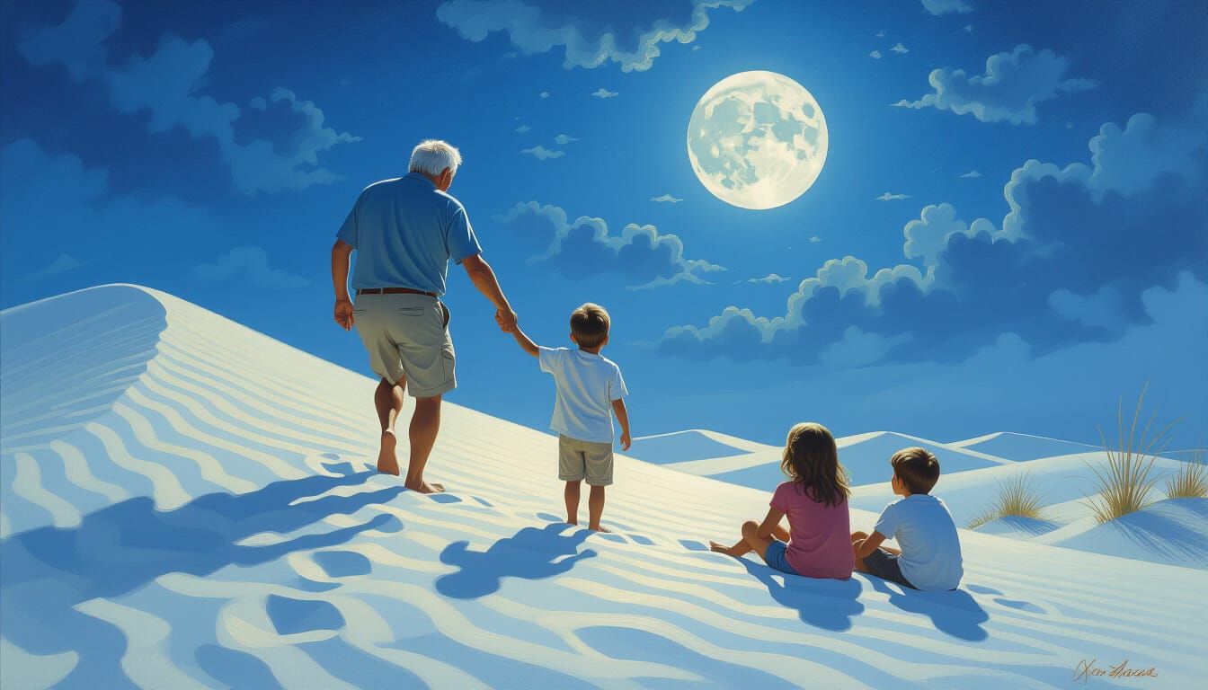 Grandfather and Grandchildren Climb a Dune Under Moonlight