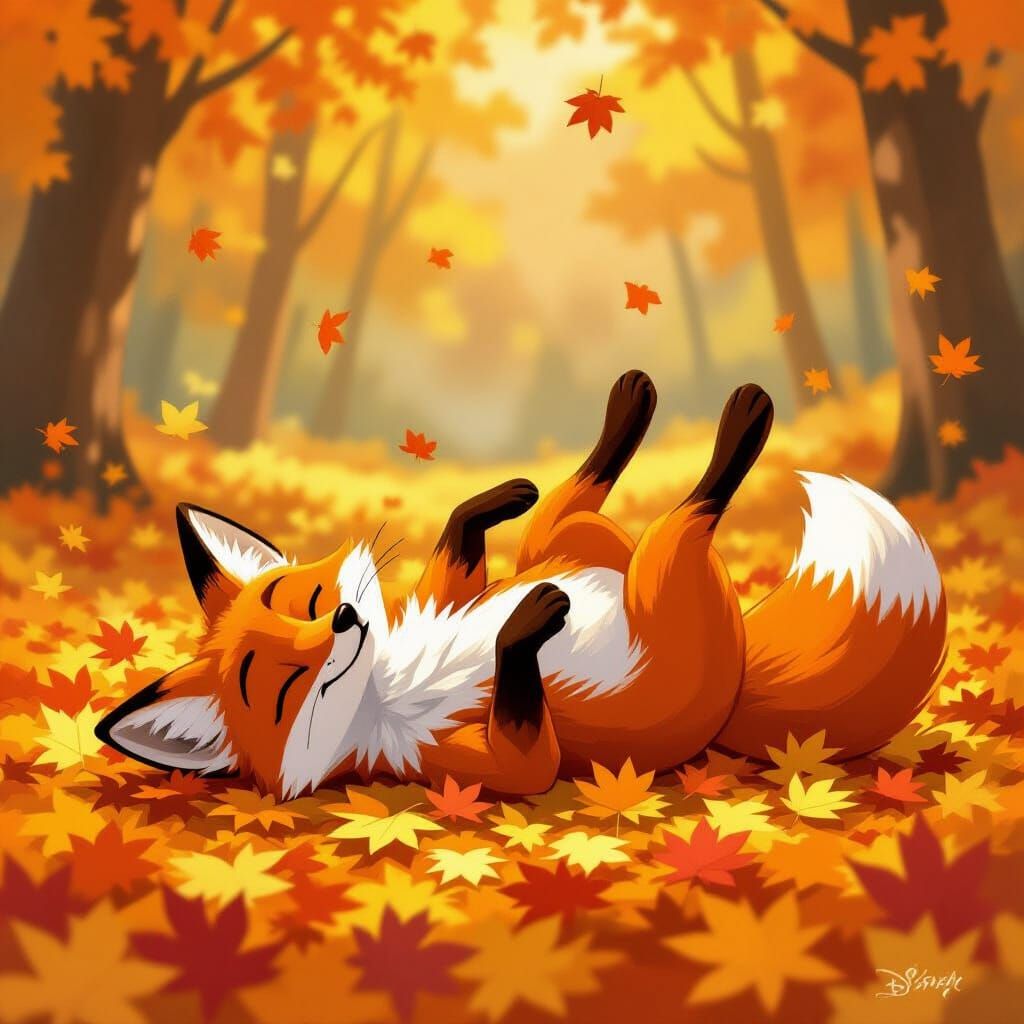 Playful Fox Rolls in Autumn Leaves