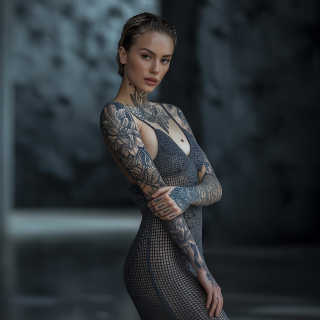 Tattooed Model in Sheer Knitted Dress - High Contrast Portra...