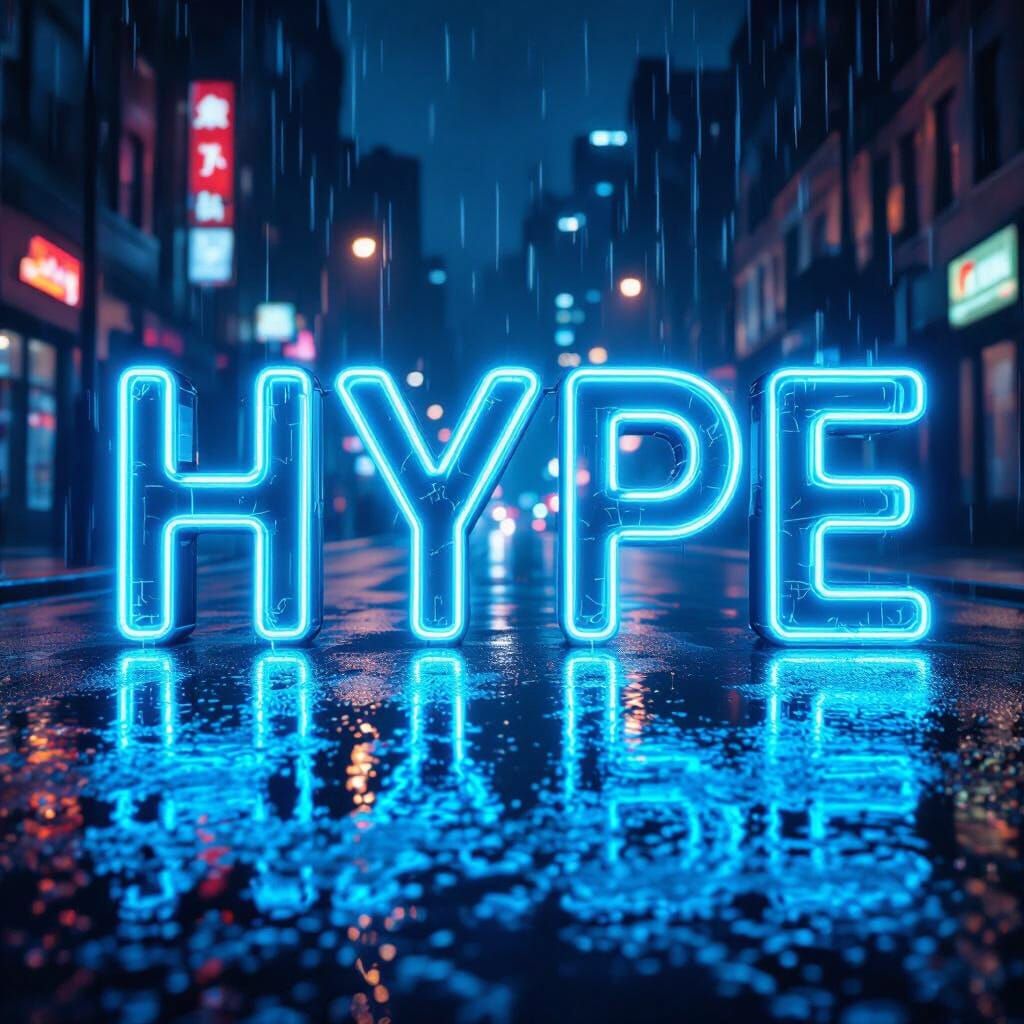 Glowing Blue Neon HYPE Sign on Wet City Street