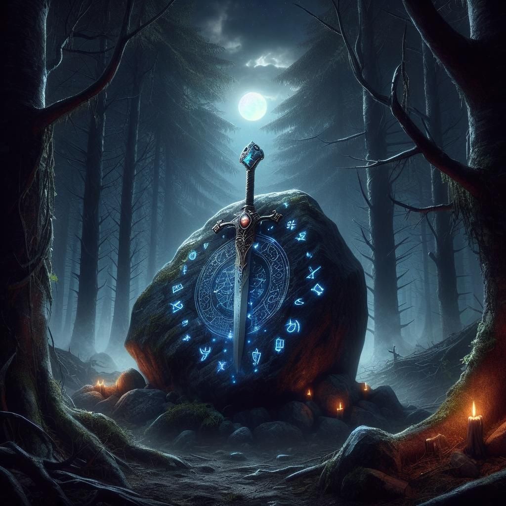 Moonlit Sword in Dark Runestone Forest