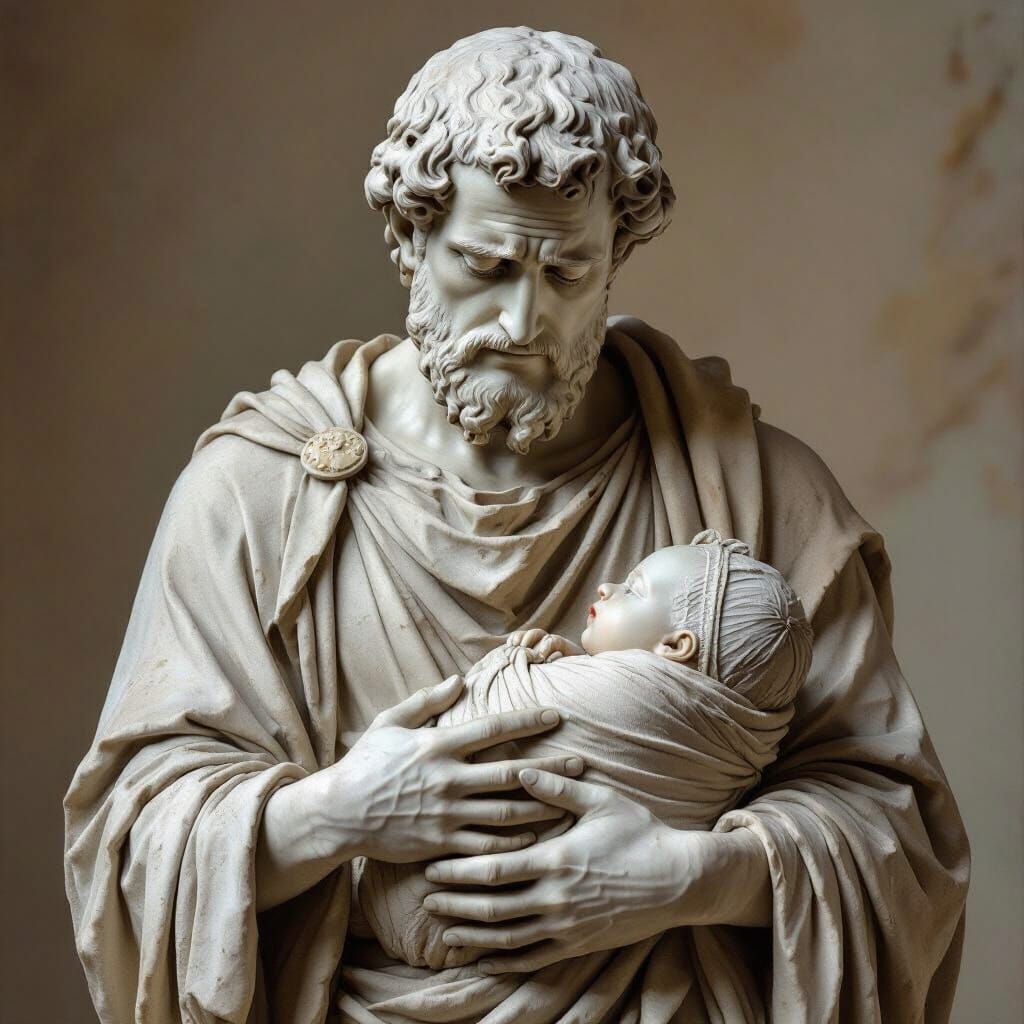 Stone Statue: Father Cradling Baby in La Pieta Style