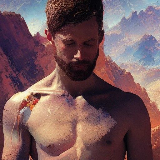 Bare-Chested Man Posing by Mountain, Detailed Matte Painting
