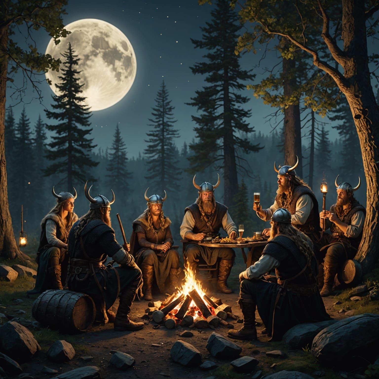 Hyperrealistic Vikings Feast Under Moonlight