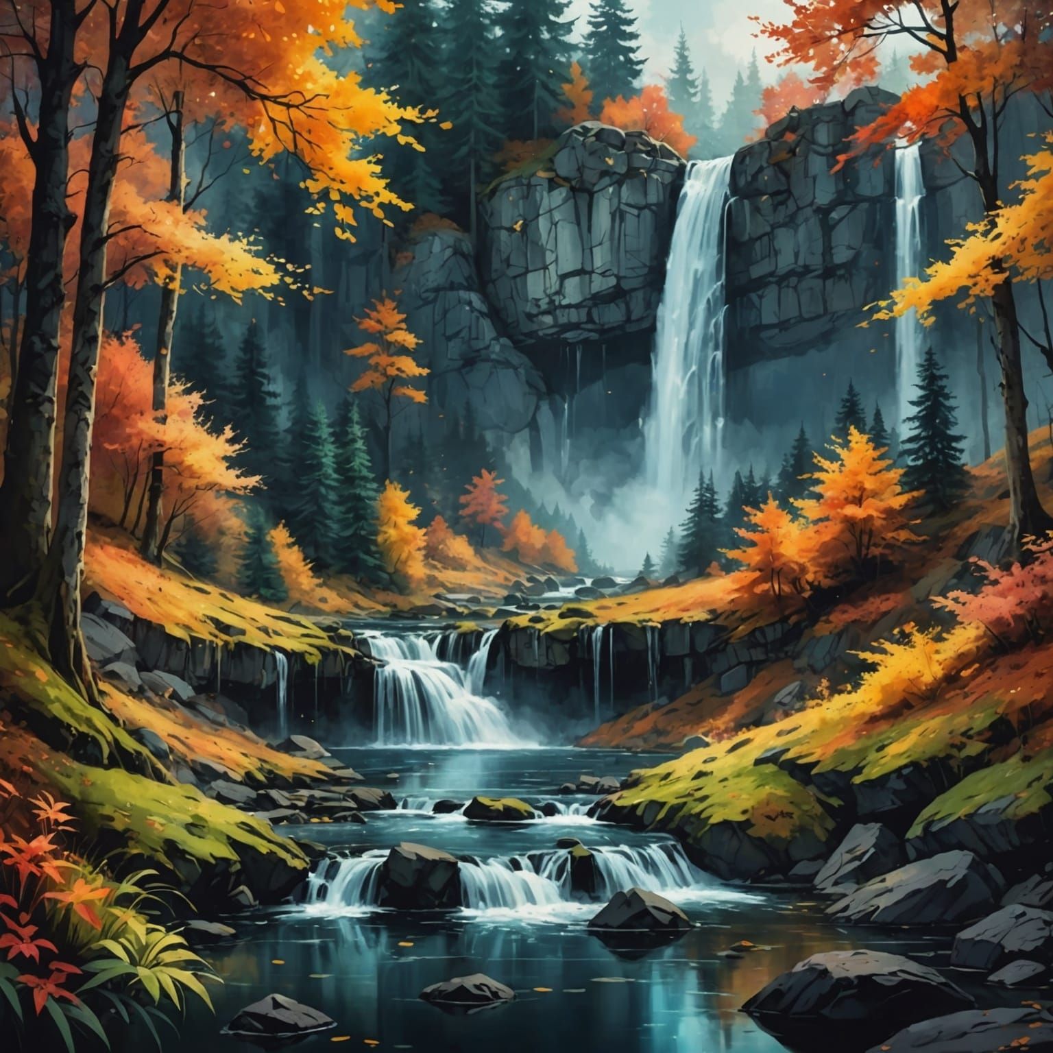 Epic Waterfall in Autumnal Forest, Stylized Watercolor Art