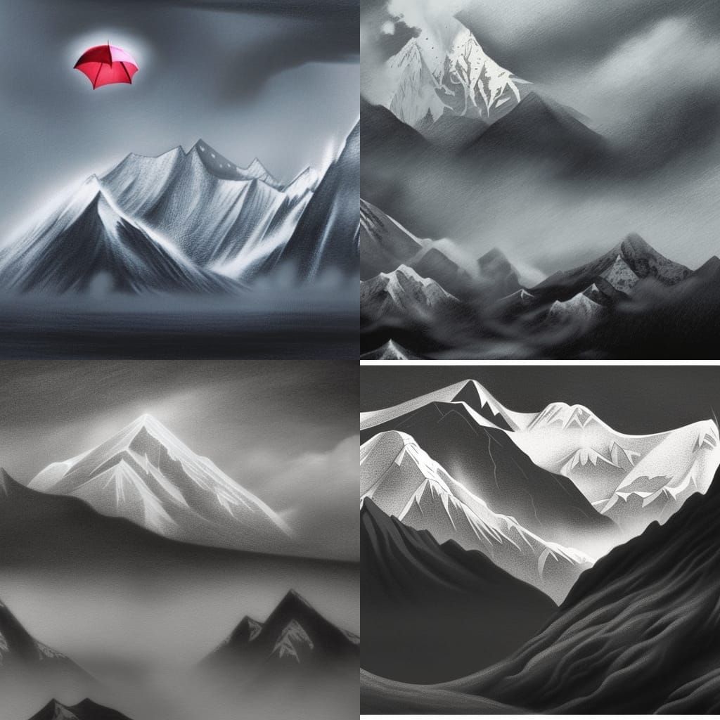 Umbrellas in Storm with Everest: Charcoal Matte Painting