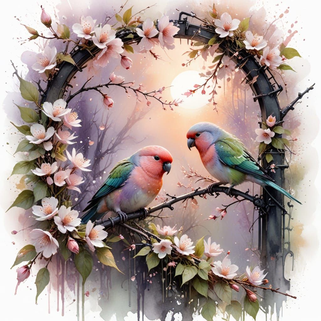 Lovebirds in Cherry Blossoms Watercolor Painting