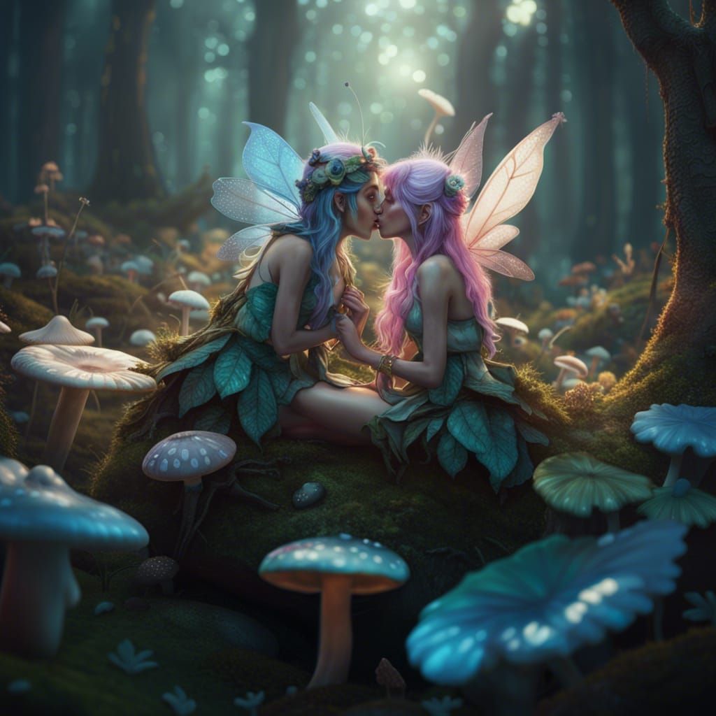 Two Pretty Fairies Sitting Under a Tree