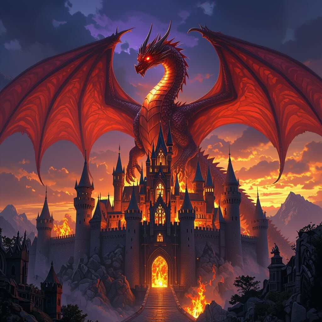 Red Dragon Over Dark Fantasy Castle in Fiery Concept Art Sty...