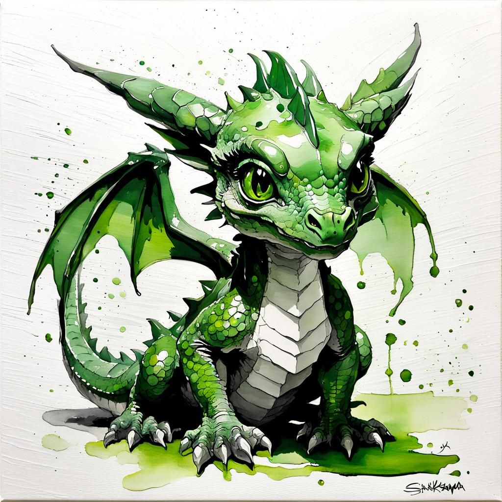 Green Baby Dragon in Liquid Gouache Style