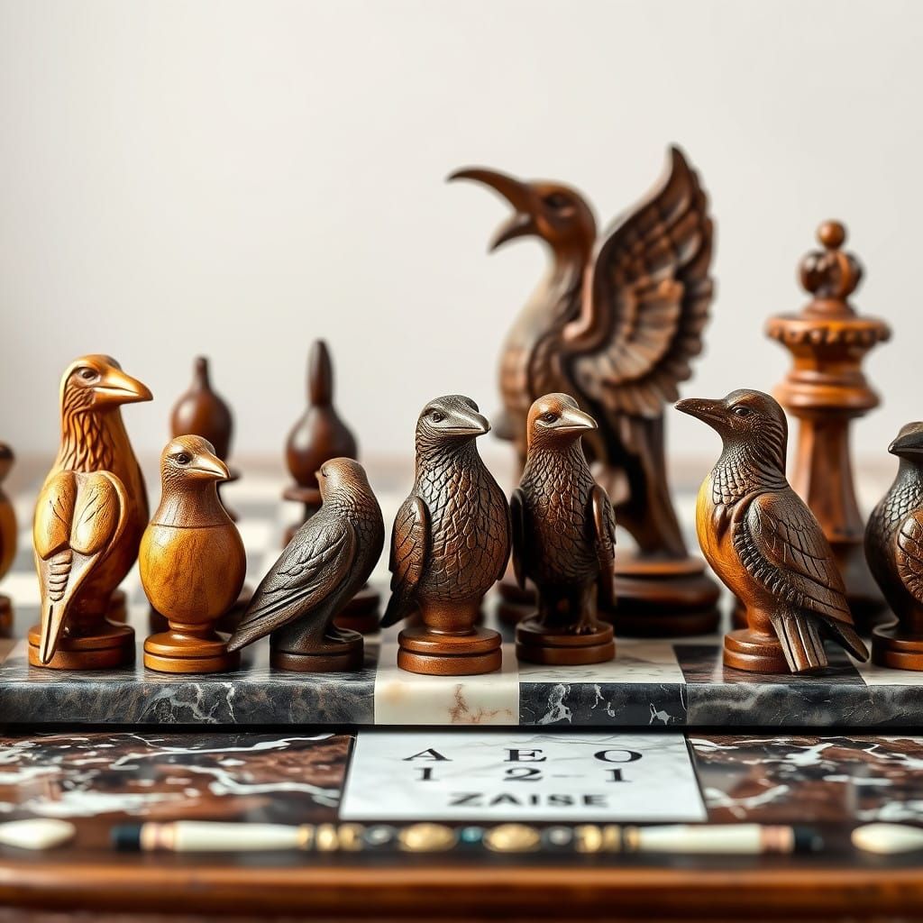 Wooden Bird Chess Pieces on a Marble Board