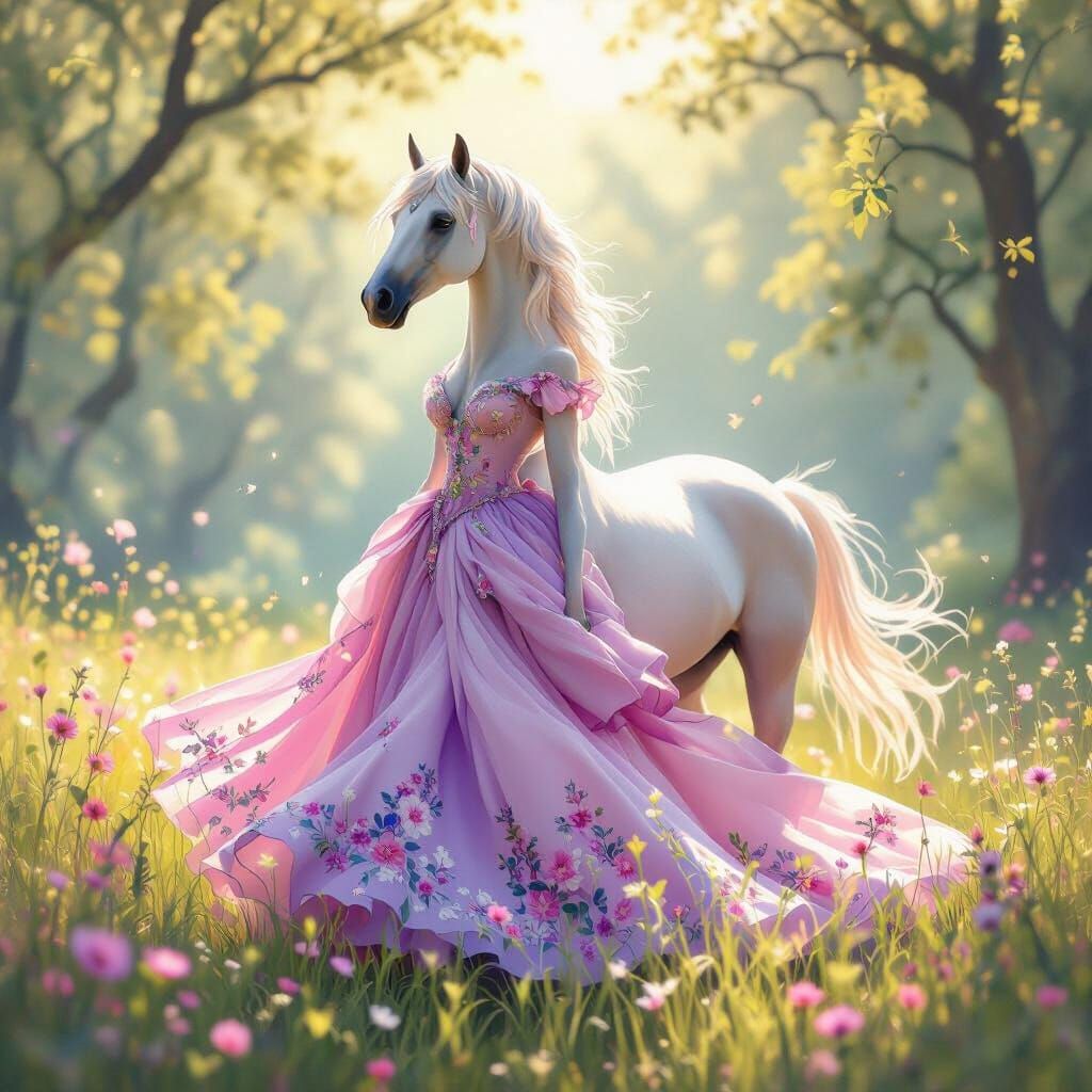 Majestic Horse in Pink and Purple Dress in Meadow